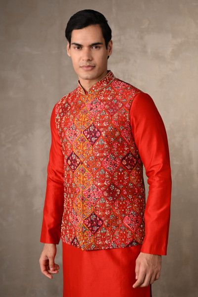 Ruby Red Chanderi Bundi Jacket with Kurta Set