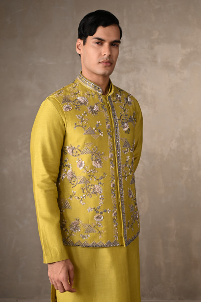 Lime Green Chanderi Bundi Jacket with Kurta Set