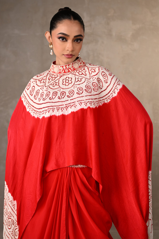 Image of Empress Red Bandhej Silk Cape Co-Ord Set