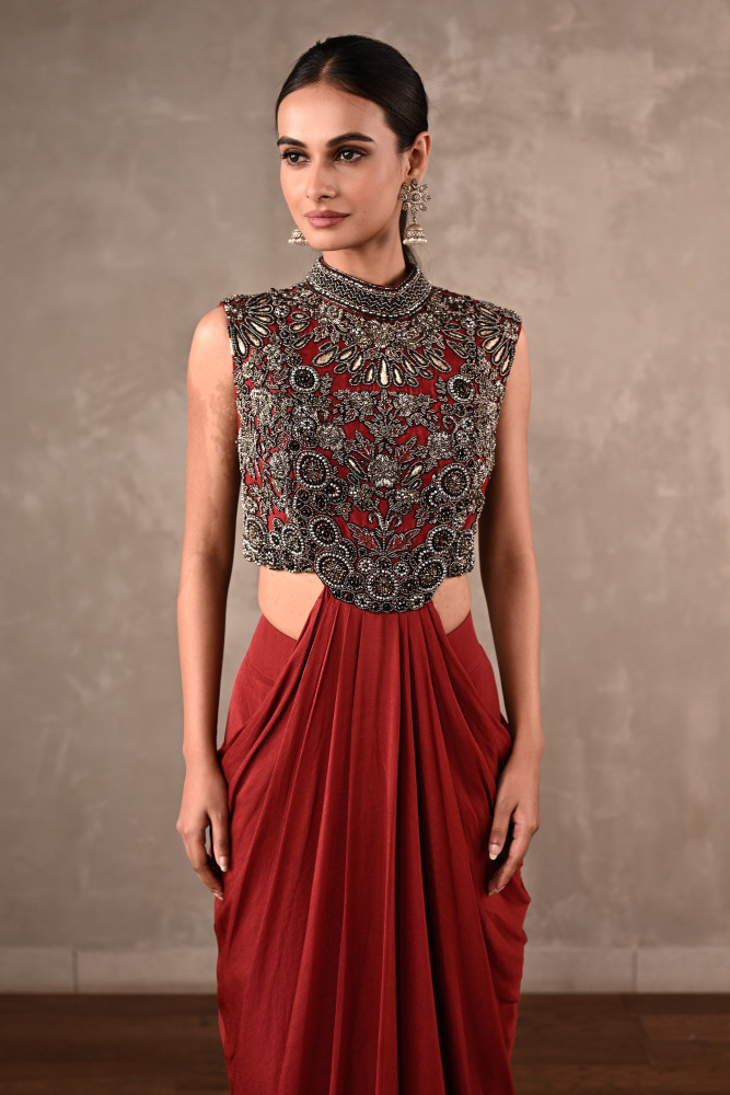 Image of Maroon Drape Gown Set