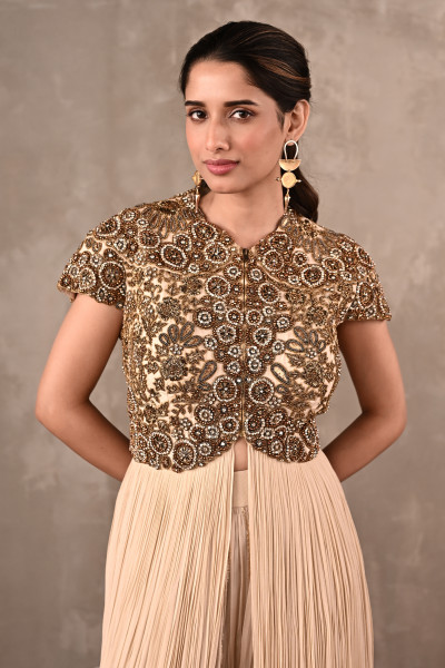 Off-White Embroidered Drape Gown Set