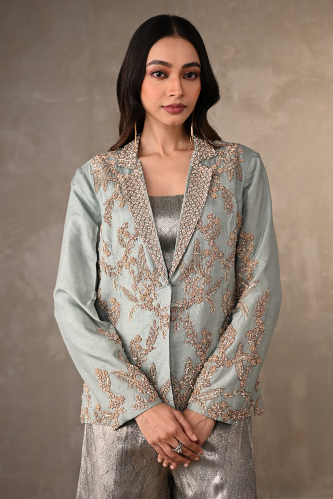 Dusky Blue Brocade Pant Suit Set