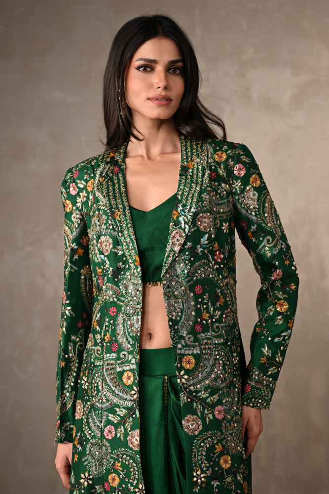Green Silk Draped Skirt Set With Embroidered Long Jacket