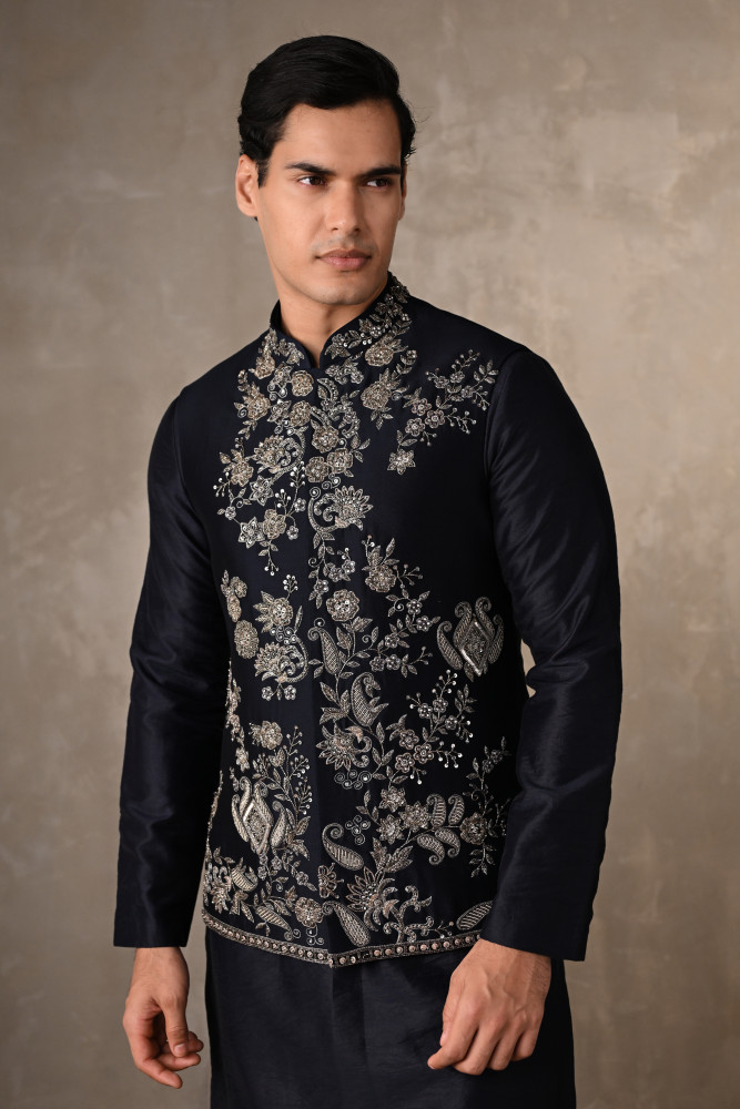 Image of Navy Blue Embroidered Bundi Kurta Set