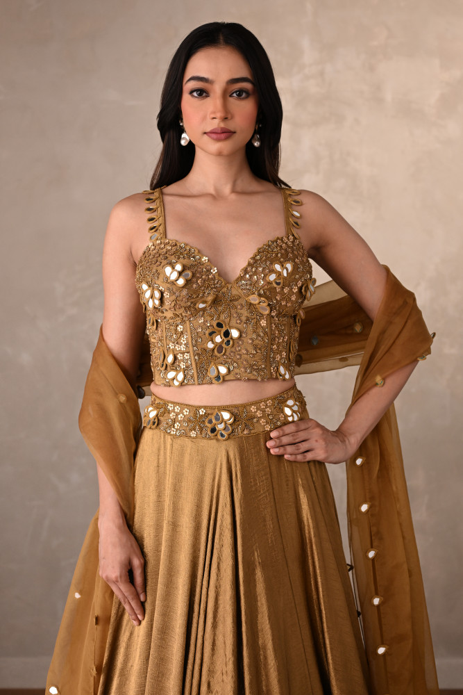 Mehndi Green Mirage Satin Crepe Lehenga Set