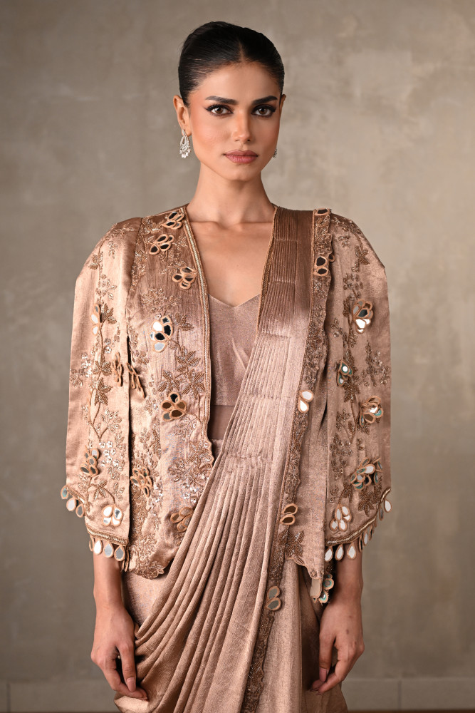 Dusty Beige Embellished Satin Drape Gown With Jacket