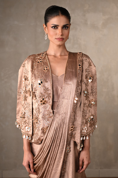 Dusty Beige Embellished Satin Drape Gown With Jacket