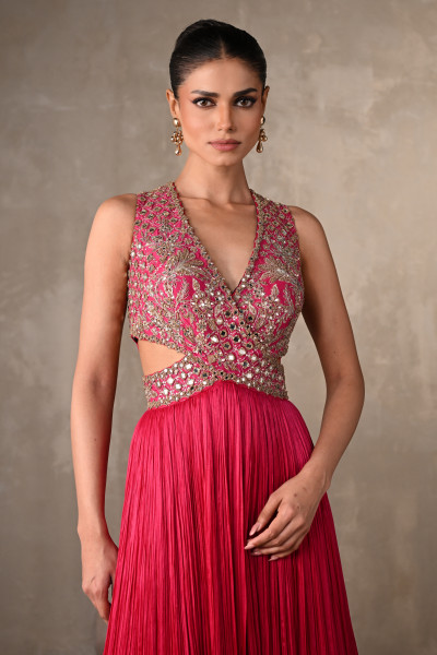 Moss Mirror Embroidered Pleated Gown