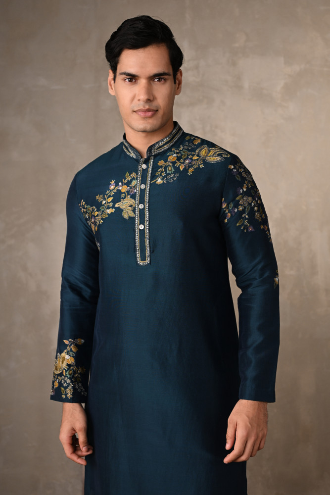 Image of Blue Chanderi Embroidered Kurta