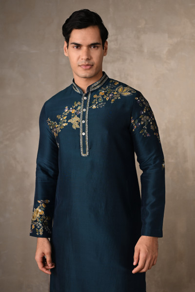 Blue Chanderi Embroidered Kurta