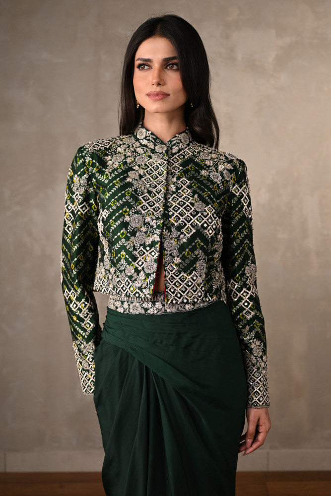 Emerald Embellished Jacket & Draped Skirt Set
