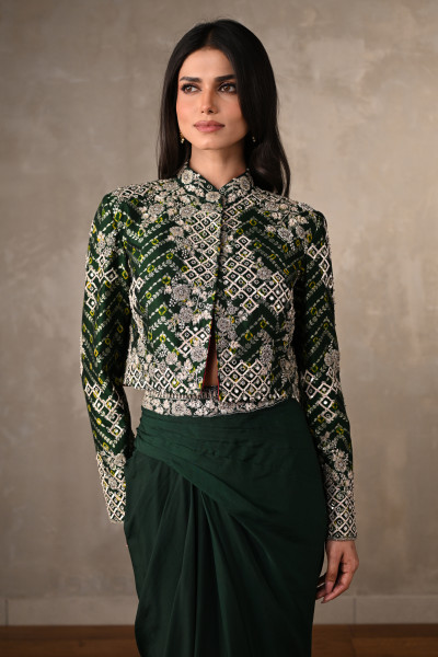 Emerald Embellished Jacket & Draped Skirt Set