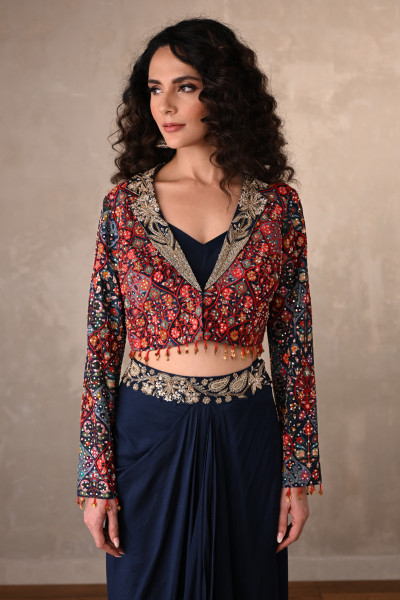 Navy Draped Silk Skirt With Multicolor Embroidered Jacket