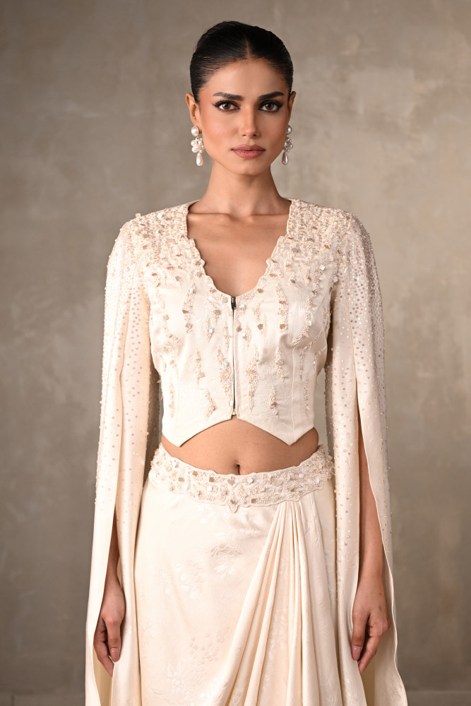 Ethereal Off-White Satin Cape Top & Draped Skirt Set