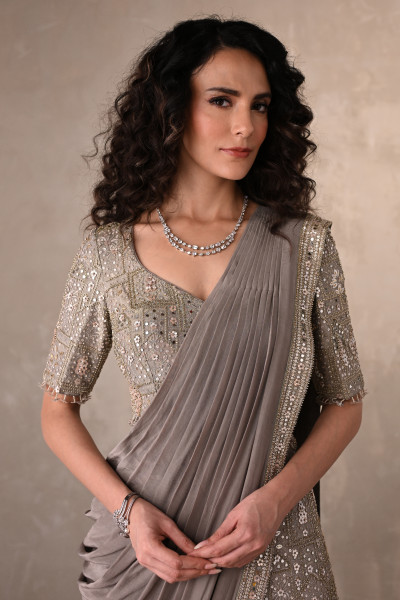 Embroidered Crepe Draped Gown With Pleated Skirt