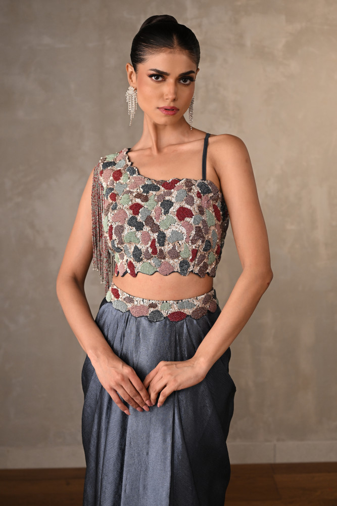 Blue Embellished Asymmetric Satin Co-Ord Set