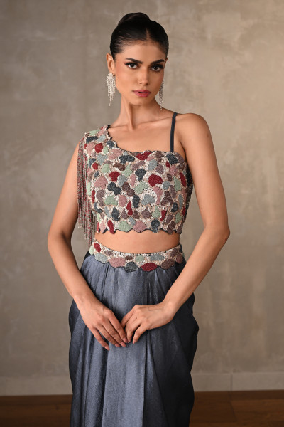 Blue Embellished Asymmetric Satin Co-Ord Set