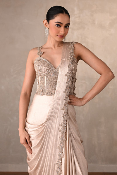 Champagne Gold Satin Draped Gown With Embellished Corset