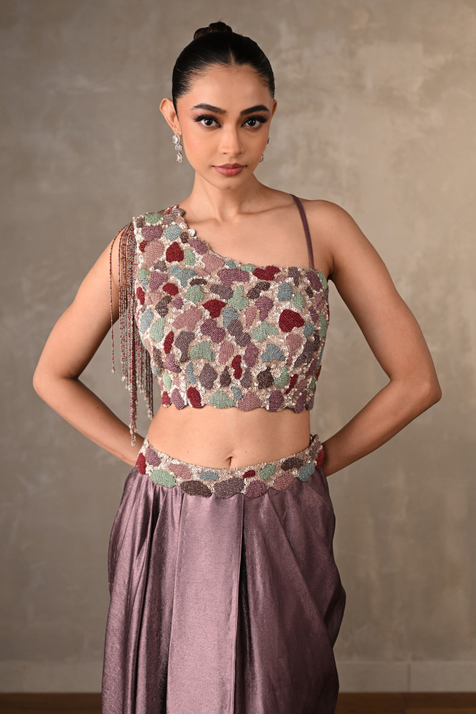 Image of Mauve Embellished Asymmetric Satin Co-Ord Set