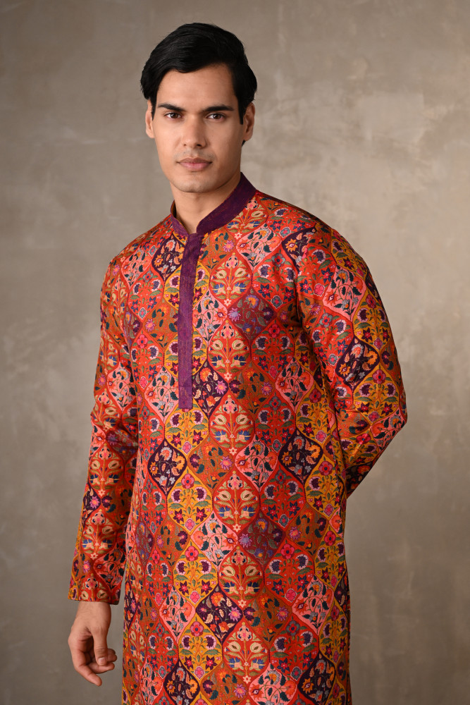 Image of Yellow-Multicolour Festive Mosaic Silk Kurta