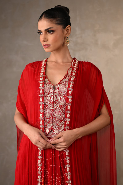 Zardosi Embellished Cape Set With Bandhej Drape Skirt