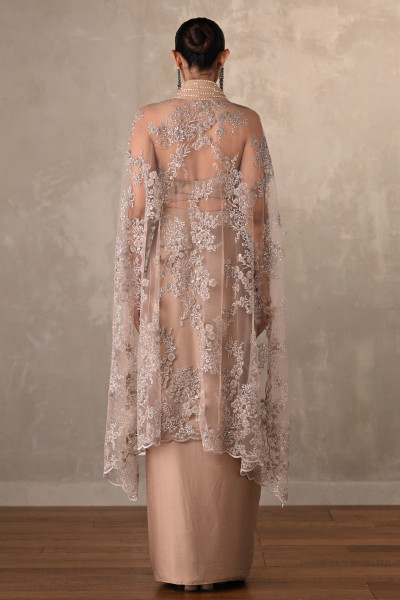 Champagne Satin Draped Skirt with Structured Sheer Cape