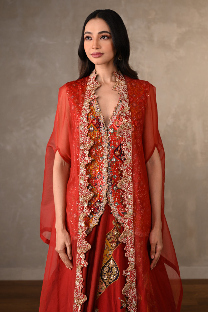 Image of Red Multicolour Threadwork Embroidered Lehenga Set