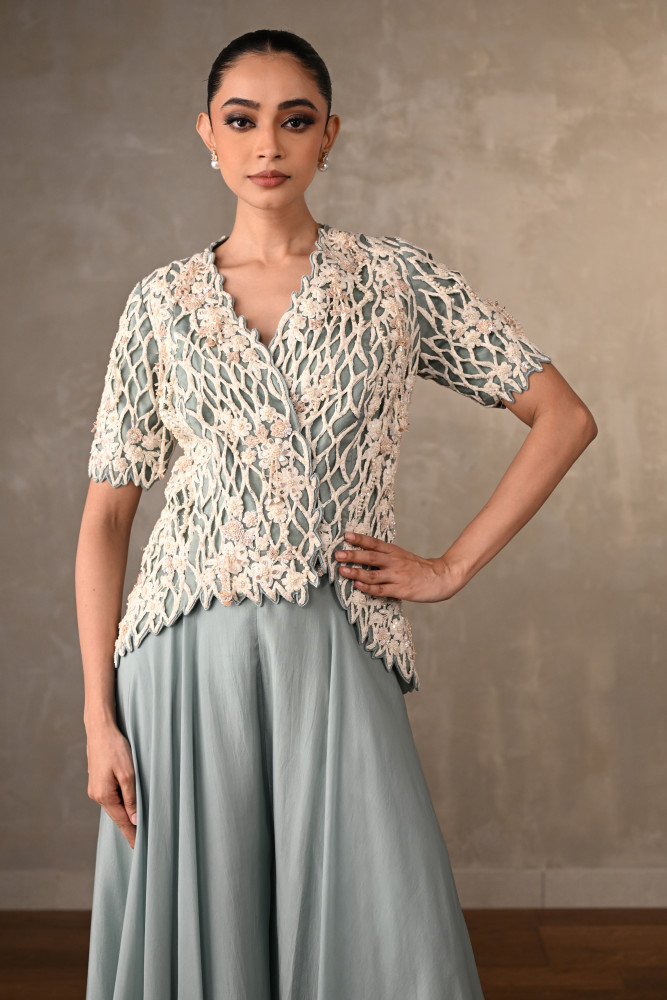 Image of Blush Cutwork Embroidered Silk Co-Ord Set