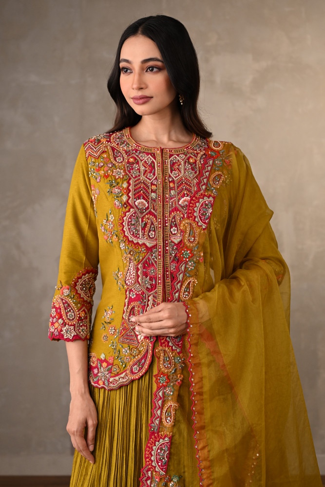 Mustard Rouge Crushed Organza Lehenga Set