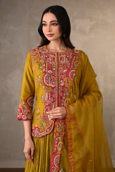 Mustard Rouge Crushed Organza Lehenga Set