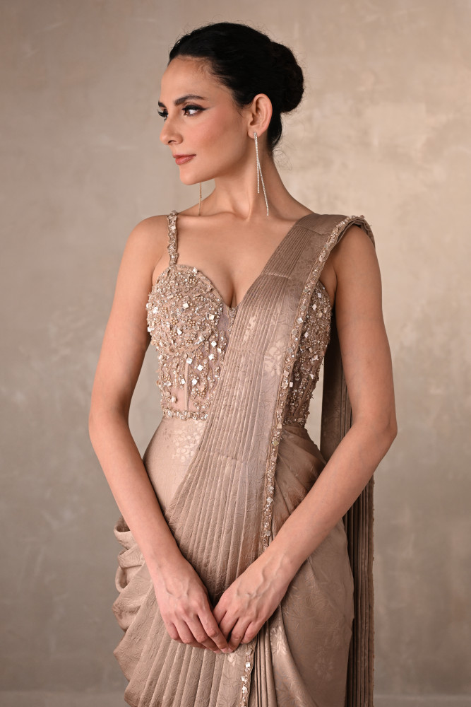 Satin Draped Gown With Embellished Corset
