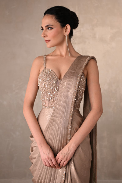 Satin Draped Gown With Embellished Corset