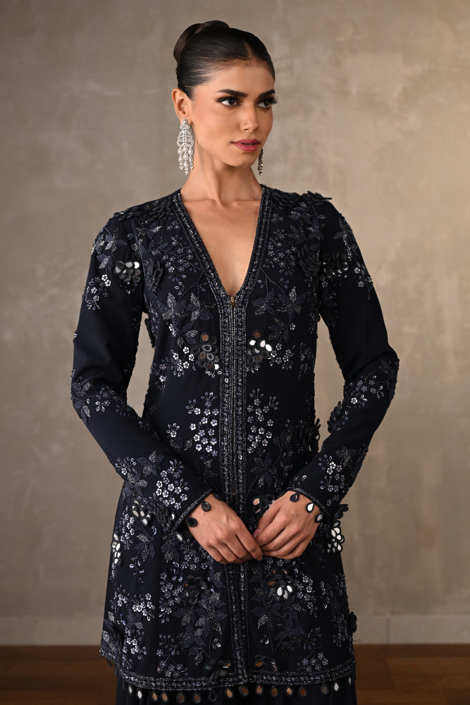Navy Blue Georgette Embellished Top With Wide-Leg Pants
