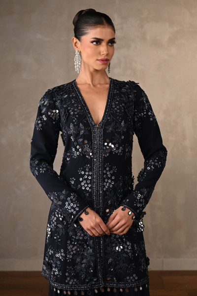 Navy Blue Georgette Embellished Top With Wide-Leg Pants