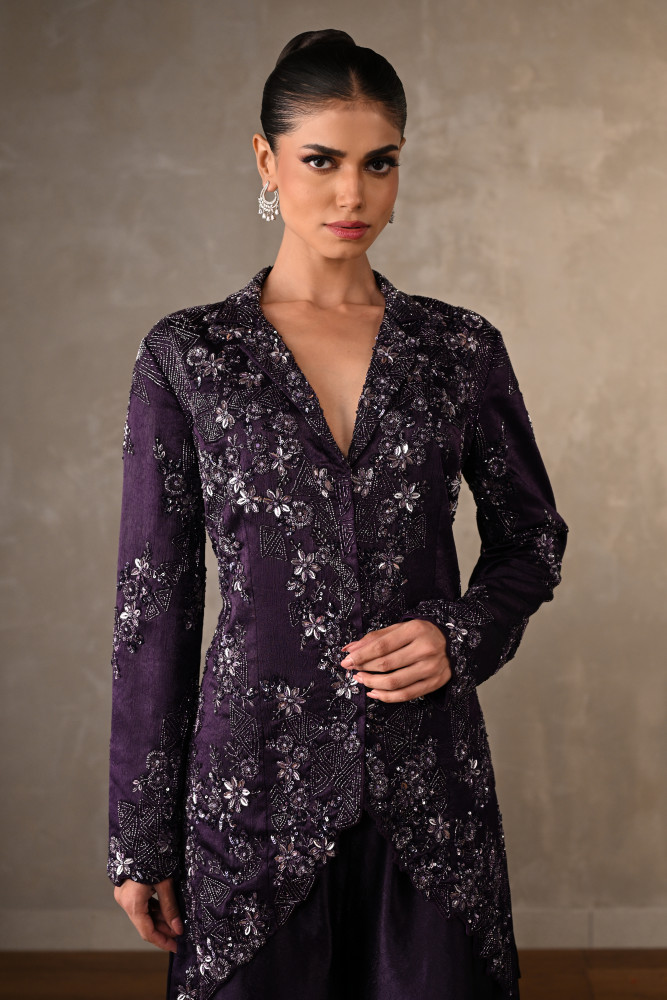Embroidered Jacket-Sharara Satin Set