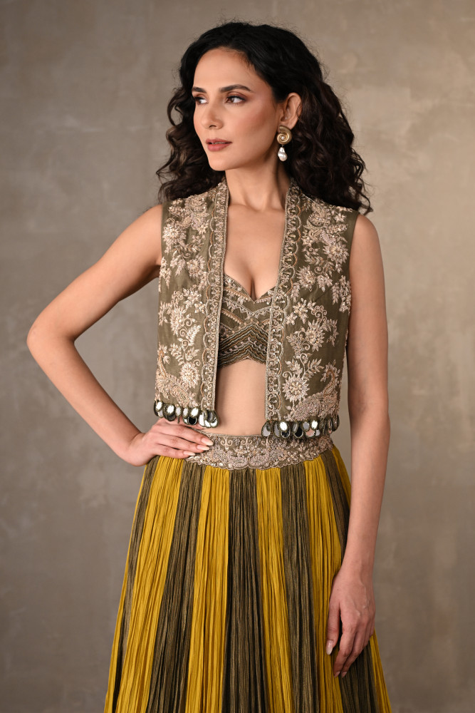 Yellow-Mehndi Luxe Panelled Lehenga Set