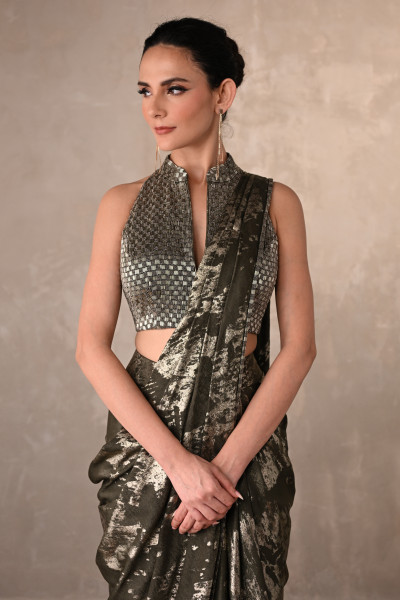 Olive Lustre Foil Drape Saree