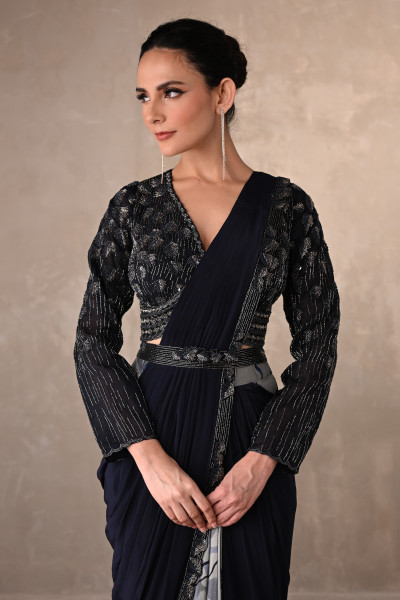 Noir Bloom Belted Crepe Drape Saree