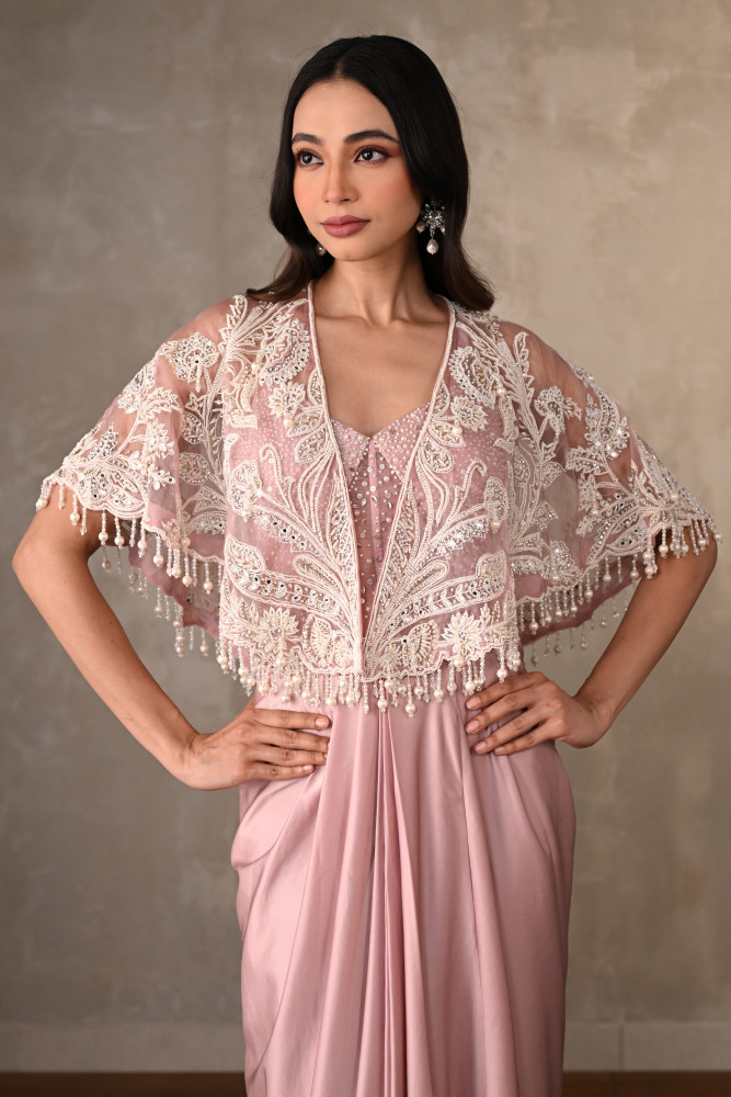 Blush Corset-Style Gown With Embroidered Cape