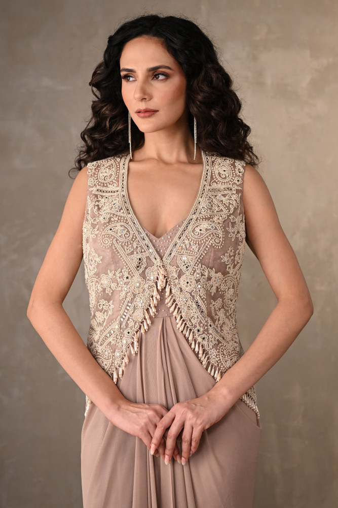 Beige Embellished Gown With Short Jacket