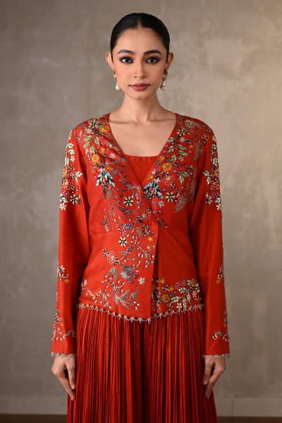 Brick Red Bloom Embellished Jacket With Pleated Pants