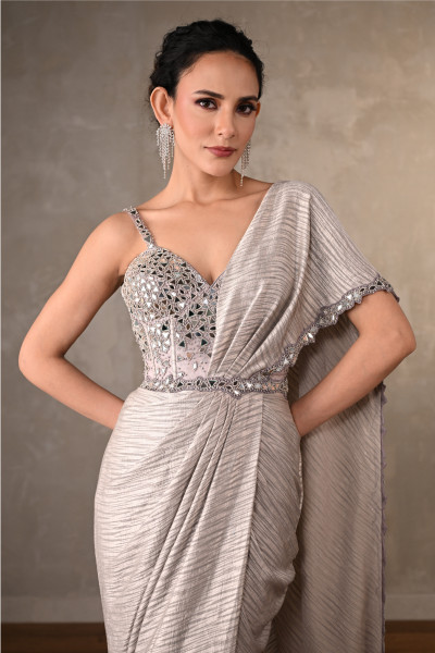 Satin Silver Saree Gown