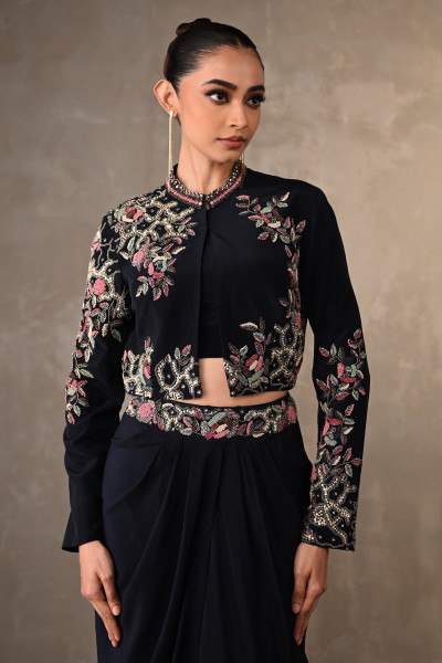 Noir Bloom Embellished Crepe Draped Skirt Set