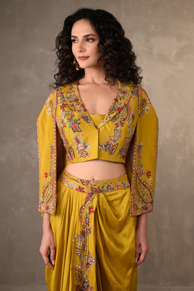 Mustard Marigold Embellished Silk Cropped Jacket Set