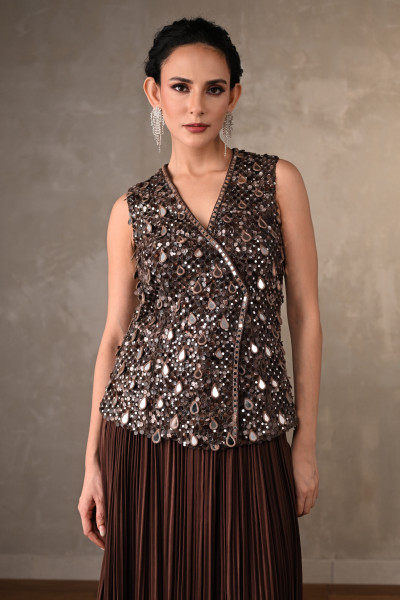 Mocha Radiance Mirror Work Crepe Top With Pleated Pants