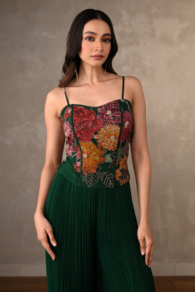 Emerald Bloom Printed Top With Pleated Georgette Pants