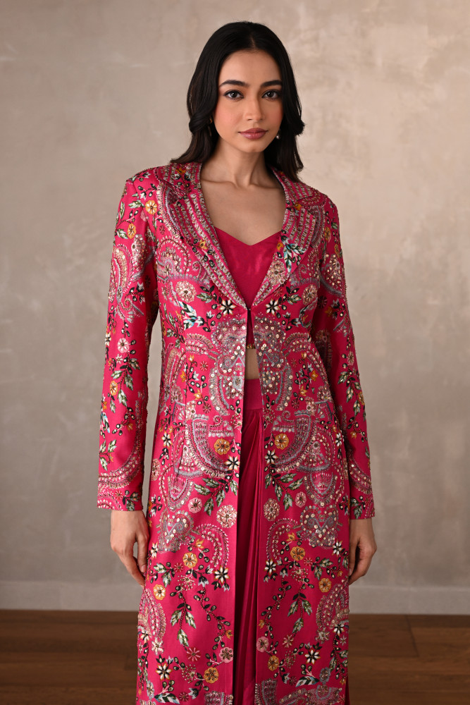 Rani Silk Draped Skirt Set With Embroidered Long Jacket