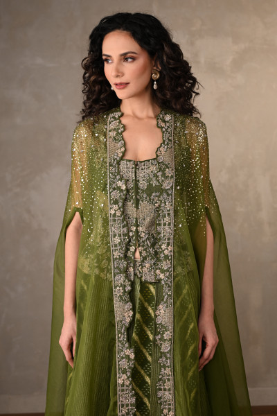 Green Regal Brocade Cape Lehenga Set