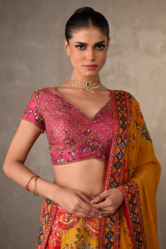 Multicolour Panelled Silk Embroidered Lehenga Set