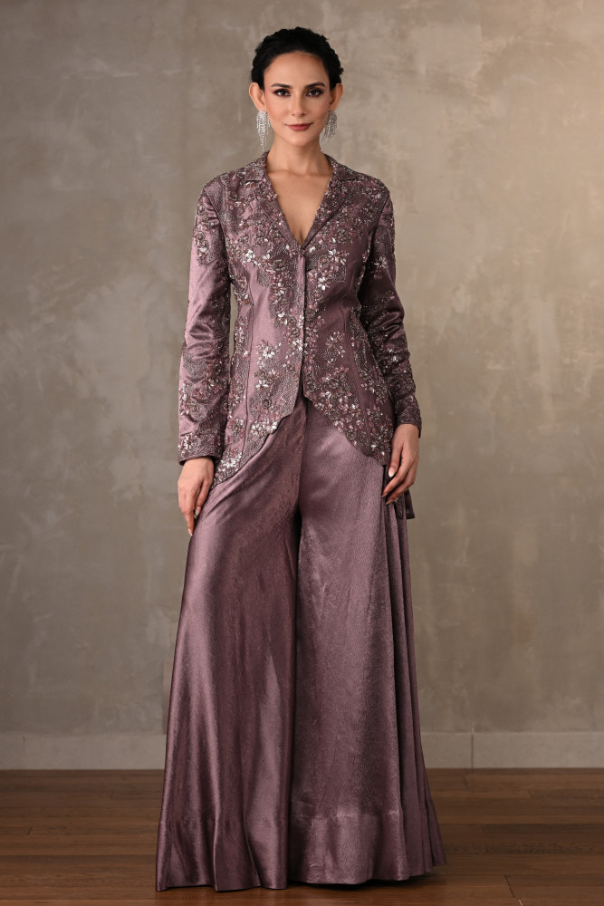 Embroidered Jacket-Sharara Satin Set